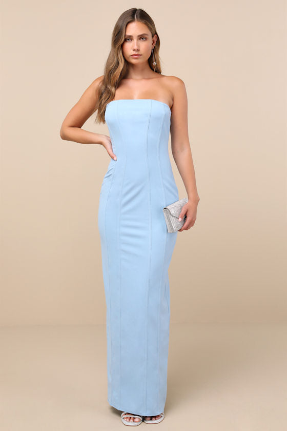 Ismene Light Blue Seamed Strapless Maxi Dress