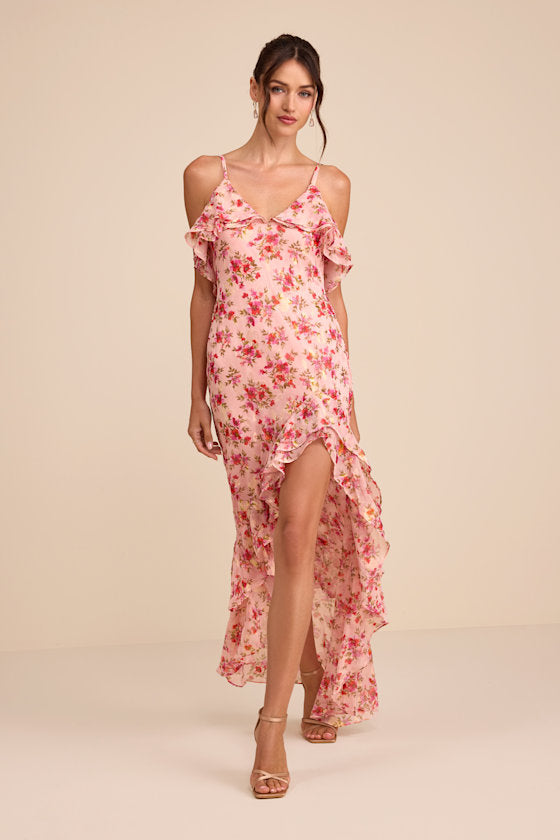 Tameron Pink Floral Ruffled High-Low Maxi Dress