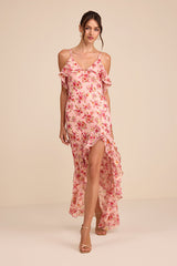 Tameron Pink Floral Ruffled High-Low Maxi Dress
