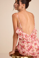 Tameron Pink Floral Ruffled High-Low Maxi Dress