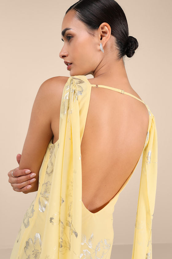 Sidonia Yellow and Gold Floral Cowl Sash Maxi Dress