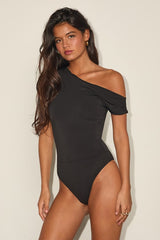 Lulah Black Slinky Knit Asymmetrical Bodysuit
