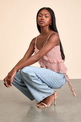 Luscinia Light Pink Textured Ruffled Cami Top