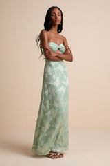 Danae Sage Green Floral Jacquard Strapless Maxi Dress
