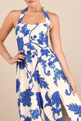 Layton Blue and Cream Floral Halter Maxi Dress