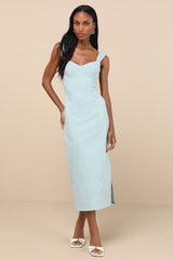 Amyra Light Blue Cap Sleeve Bustier Midi Dress