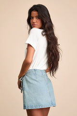 Eileen Light Wash Denim Faux-Wrap Mini Skirt