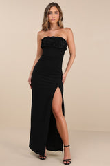 Fiore Black 3D Rosette Strapless Maxi Dress