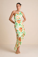 Divinely Blooming White Multi Floral One-Shoulder Midi Dress