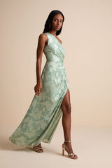 Renni Sage Green Floral Jacquard One-Shoulder Maxi Dress