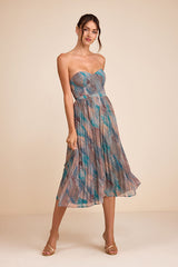 Juniva Teal Multi Abstract Print Pleated Bustier Midi Dress