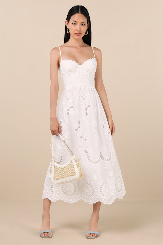 Jenora White Embroidered Bustier Midi Dress