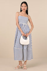 Exceptionally Pristine Blue and Cream Striped Cutout Midi Dress