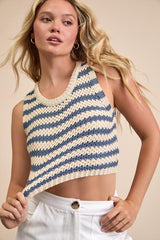 Marielle Beige and Blue Striped Crop Sweater Tank Top