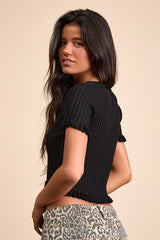 Keighlen Black Ribbed Ruffled Short Sleeve Sweater Top