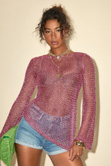 Kahele Shiny Pink Sheer Open-Knit Long Sleeve Tunic Top