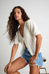 Avelyn Ivory Pointelle Knit Puff Sleeve Sweater Top