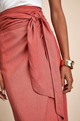 Breezy Personality Rust Red Linen Midi Wrap Skirt