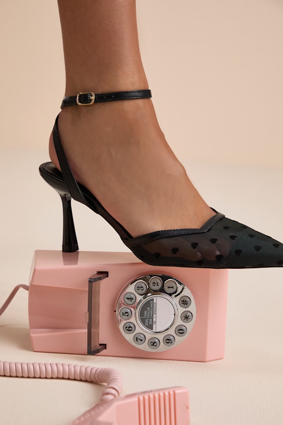 Polaris Black Mesh Heart Ankle Strap Pumps
