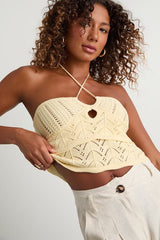 Linden Light Yellow Crochet Cutout Tiered Halter Top