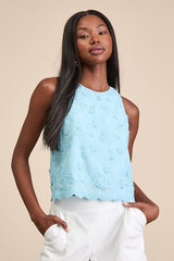 Pleasant Personality Blue Floral Embroidered Crew Neck Tank Top