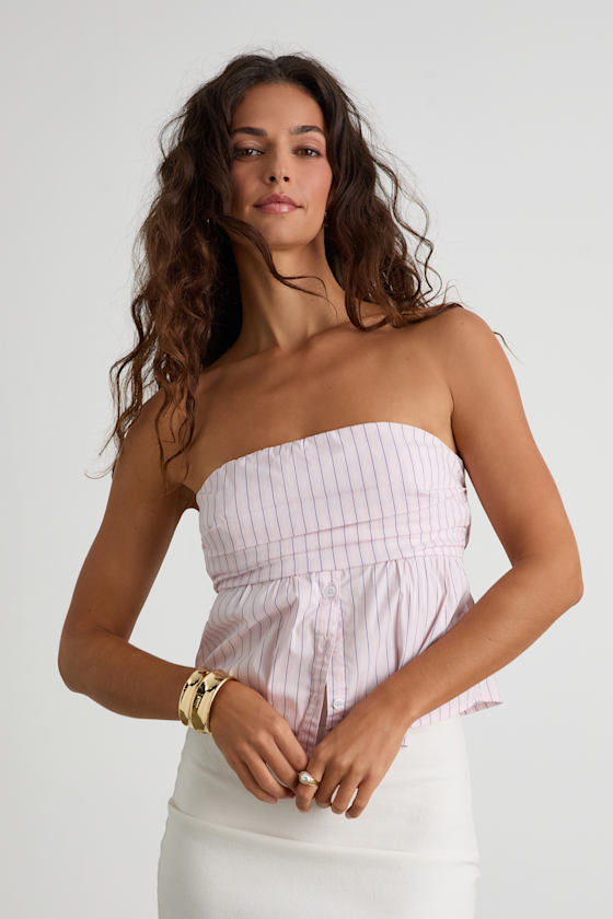 Natalie Pink Pinstripe Strapless Peplum Top