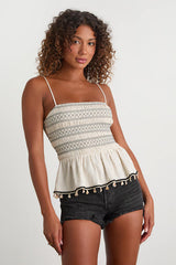 Bibiana Beige Embroidered Seashell Peplum Top