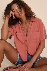 Summer Escapades Rust Red Linen Collared Button-Up Top