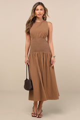 Melina Light Brown Backless Drop Waist Midi Dress