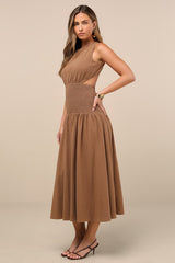 Melina Light Brown Backless Drop Waist Midi Dress