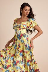 Authentically Yours Yellow Multi Abstract Print Satin Midi Dress
