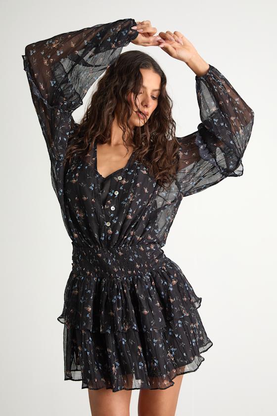 Christy Black Floral Button-Front Long Sleeve Mini Dress