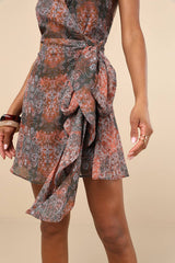 Felicita Brown Boho Print Halter Wrap Mini Dress