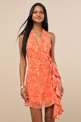 Felicita Orange Floral Halter Wrap Mini Dress