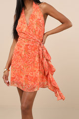 Felicita Orange Floral Halter Wrap Mini Dress