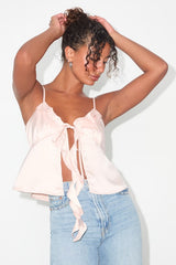 Elsie Blush Satin Tie-Front Ruffled Cami Top