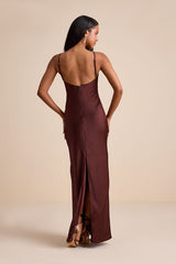 Janet Brown Satin Slip Maxi Dress