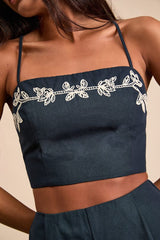 Sarella Navy Cotton Embroidered Cami Top