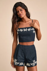 Sarella Navy Cotton Embroidered Cami Top