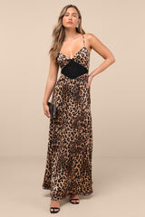 Livian Brown Leopard Satin Lace-Up Maxi Dress