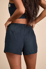 Sarella Navy Cotton High-Rise Embroidered Shorts