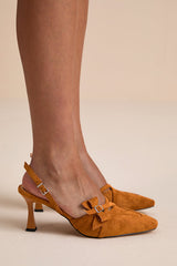 Bow Tan Suede Slingback Pumps