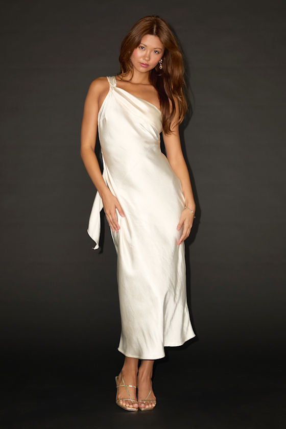 Naima White Satin One-Shoulder Midi Dress