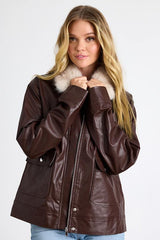 Soha Mahogany Brown Vegan Leather Faux Fur Jacket