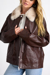 Soha Mahogany Brown Vegan Leather Faux Fur Jacket