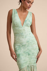 Jamie Mint Green Floral Mesh Sheer Hem Maxi Dress