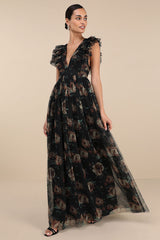 Simply Delighted Black Floral Mesh Ruffled Backless Maxi Dress