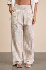 Breezy Getaway Beige and White Striped Linen Wide-Leg Pants