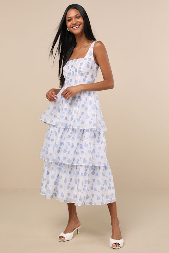 Sweet Potential Blue and White Floral Burnout Tiered Midi Dress