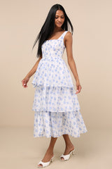 Sweet Potential Blue and White Floral Burnout Tiered Midi Dress